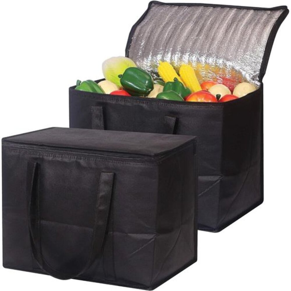 Set of 2 Large Insulated Reusable Grocery Bags with Sturdy Zipper and Handles